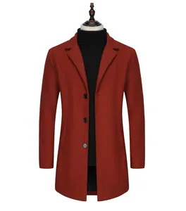 Detailed front view of a men's rust red wool overcoat displayed on a mannequin torso.