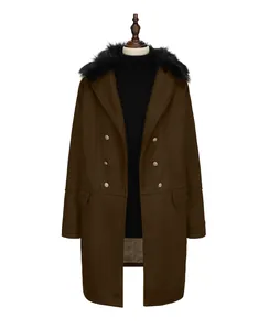 Front view of men's double-breasted woolen coat with black fur collar on mannequin