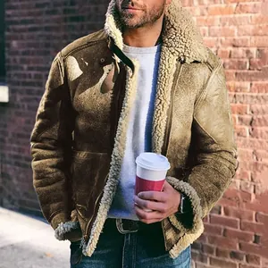 Vintage men's faux shearling aviator jacket with thick fleece lining and lapel collar