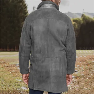 Detailed back view showing construction of men's grey shearling mid-length coat