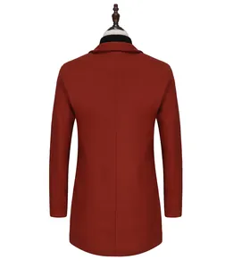 Back view of a classic brick red men's British style mid-length woolen overcoat