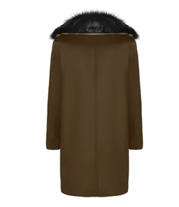 Back view of a brown men's wool coat featuring a large black faux fur collar detail