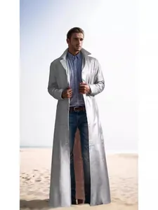 Extralanger Herren-Trenchcoat aus silbernem PU-Leder, modischer langer Ledermantel