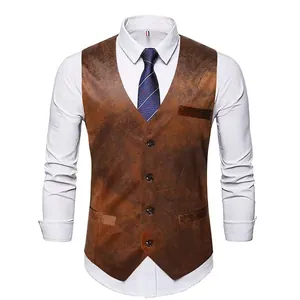 Dettaglio frontale di gilet vintage marrone da uomo con scollo a V, camicia e cravatta