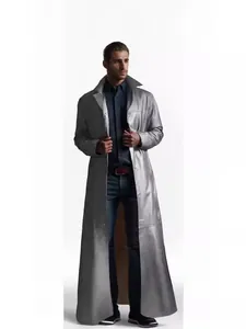 Modischer silberner extra langer PU-Leder-Trenchcoat für Herren in schmaler Passform