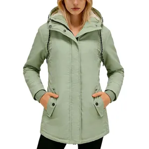 Fashionable women's mid-length fleece-lined hooded parka coat in fresh mint green