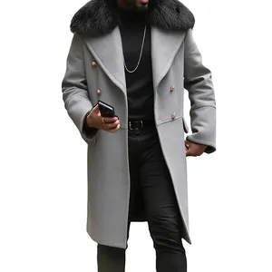 Detail of men's grey wool coat showing black fur collar and double-breasted gold buttons.