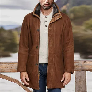 Detail showing textured faux suede finish and plush shearling lining of men's winter coat