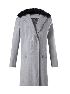 Close-up of men's grey double-breasted wool coat with black faux fur collar.
