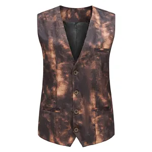 Vista frontale di un gilet vintage da uomo con motivo tie-dye marrone screziato