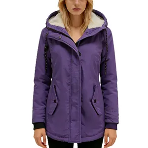Purple women's mid-length hooded parka featuring warm white fleece lining for winter