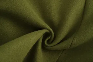 Detailed macro texture of heavy olive green wool fabric for men's winter coat