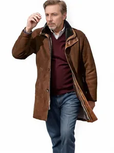 Sophisticated mid-length brown shearling coat for men featuring black faux fur lining
