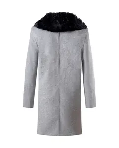 Back view of a grey men's wool coat featuring a prominent black faux fur collar.