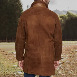 Detailed back view of a men's mid-length brown faux suede shearling coat for winter.