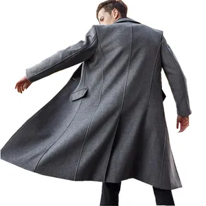 Manteau long élégant en laine grise de style britannique pour hommes en hiver