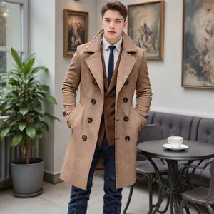 Cappotto di Lana da Uomo Stile Britannico Doppiopetto Lungo Revers Poliestere Tinta Unita Business Casual Trench Top