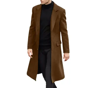 Klassischer langer brauner Wollmantel für Herren im britischen Stil für Herbst und Winter