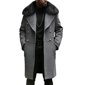 Detail of men's grey wool coat with large black fur collar and gold double-breasted buttons