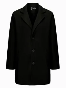 Front view of a classic black men's British style mid-length thick wool overcoat