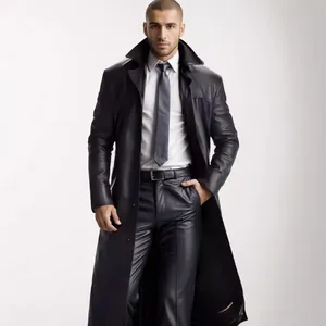 Heren Mode Lang PU Leren Trenchcoat Slanke Pasvorm Extra Lang Kunstleren Jas Single-breasted Winddicht Jack Voor Heren