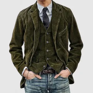 Close-up of men's olive green corduroy suit jacket and vest set in a British style.