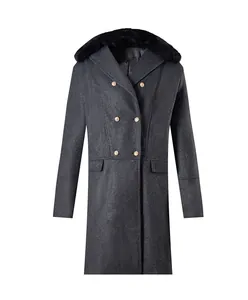 Front view of men's elegant dark grey wool coat with large black faux fur collar