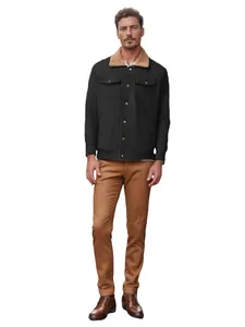 Full view of a men's black cotton cargo jacket with a beige sherpa collar detail
