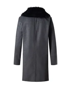Back view of men's dark grey wool coat featuring a plush black faux fur collar.