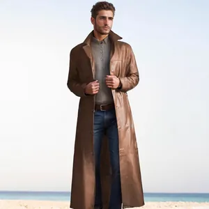 Slank gesneden extra lange bruine PU lederen trenchcoat voor heren mode