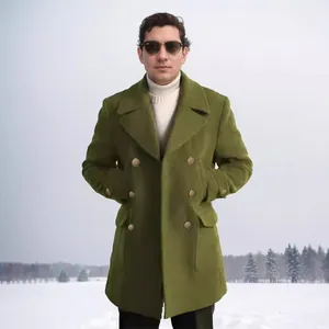 Men's British style olive green wool pea coat for autumn and winter outdoor wear