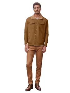 Men's brown workwear cotton jacket with shearling collar detail for autumn and winter