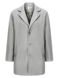 Front view of premium men's grey British style mid-length wool overcoat with notched lapel
