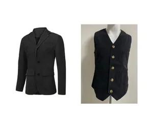 Detailed view of men's black corduroy suit jacket and matching V-neck waistcoat set
