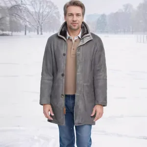 Stylish men's mid-length grey shearling coat with thick faux fur lining for winter warmth