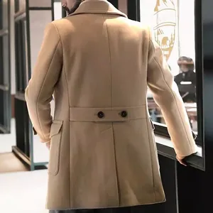Back view of men's British style camel mid-length wool coat for autumn and winter