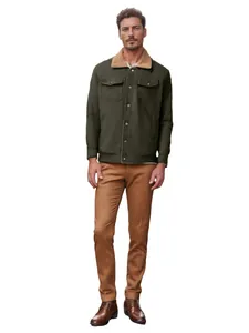 Full body shot of a men's olive green workwear jacket with a sherpa collar and tan pants