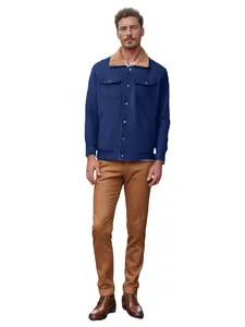 Full length view of a men's navy blue cotton jacket with a beige Sherpa fleece collar.