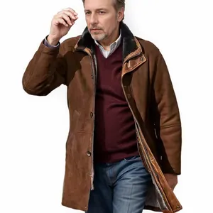 High-quality men's mid-length shearling leather coat for stylish autumn and winter outfits