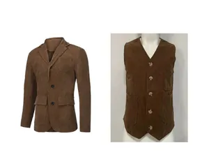 Close-up view of men's brown corduroy suit set featuring a blazer and V-neck vest