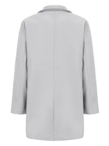 Back view of a light grey British style men's woolen overcoat for autumn and winter