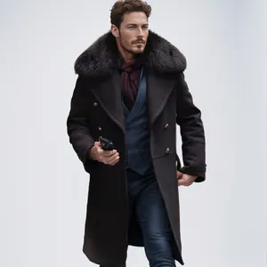 Men Polyester Mid-long Overcoat With Large Faux Fur Collar Double Breasted Winter Warm Trench Coat Casual Streetwear Top