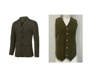 British retro style men's olive corduroy blazer and matching vest suit set for autumn