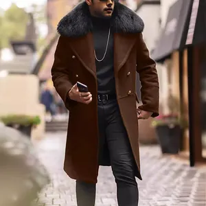 Men's double-breasted wool coat with a large black fur collar in elegant brown