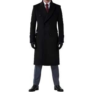 Herren Winter Verdickt Wattierter Wollmantel Extra Lang Schlanke Passform Doppelreihiger Windbreaker Britischer Stil Mantel