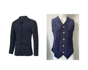 Deep blue corduroy blazer and matching vest detail for men's British style suit