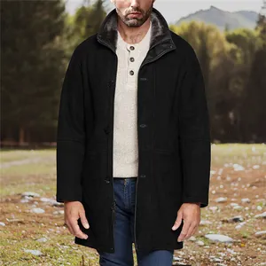 Elegant men's black mid-length winter jacket featuring a warm plush fur collar detail