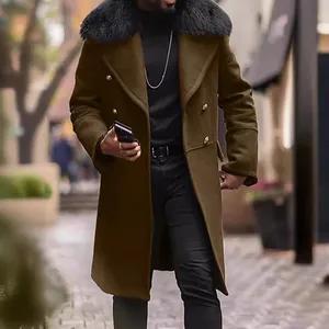 Men's stylish wool coat with large black fur collar and double-breasted buttons