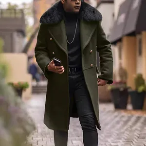 Men's stylish dark green wool coat with a large black fur collar and double-breasted buttons
