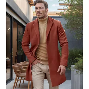 Men British Style Mid-Length Woolen Coat Thick Single-Breasted Overcoat Trench Jacket Winter Casual Solid Color Polyester Top